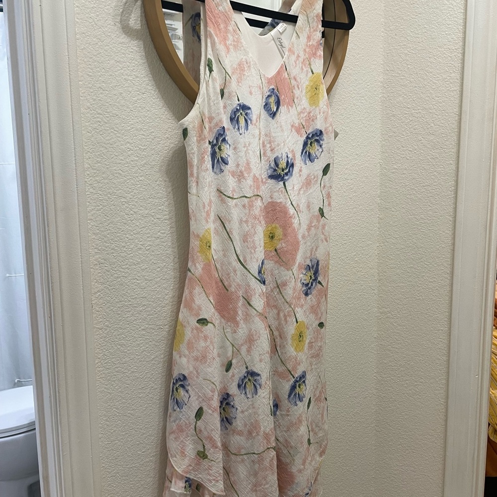 Ethyl Clothing 100% Cotton Floral Sleeveless Dress with Ruffle Skirt L